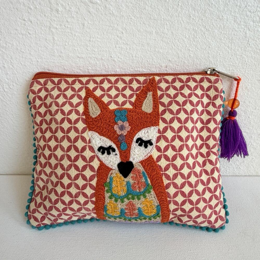 Karma Living Boho Fox Embroidered Zipper Pouch Tassel Pom Pom Makeup Clutch